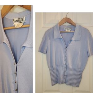 Carlisle Sky Blue Silk Short Sleeve Cardigan Sz: XXL Ribbed Bottom Button Up